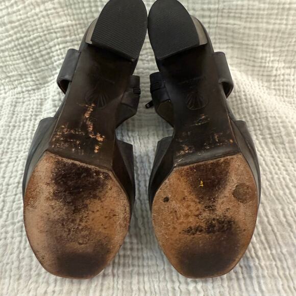 Coclico Platform Wood Heels Size 36.5 Dark Gray Blue Leather Cut Out Open Toe - Picture 8 of 15